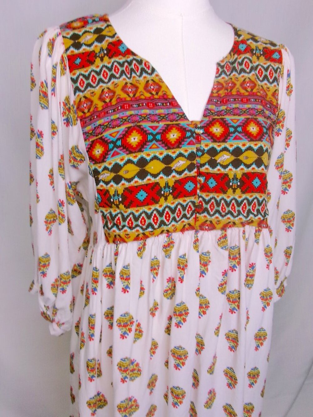 Umgee Boho Tribal Print Peasant Dress Balloon Sleeve Babydoll Mini Dress S